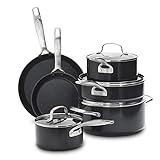 GreenPan SearSmart Hard Anodized Healthy Ceramic Nonstick 10 Piece Cookware Pots and Pans Set, PFAS-Free, Textured Surface, Dishwasher Safe, Oven Safe, Black