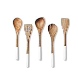 Folkulture Wooden Spoons for Cooking Set for Kitchen, Non Stick Cookware Tools or Utensils Includes Wooden Spoon, Spatula, Fork, Slotted Turner, Corner Spoon, Set of 5, 12 Inch, Acacia Wood, White