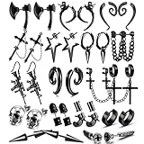 16 Pairs Stainless Steel Punk Y2K Black Dangle Earrings for Men, Axe Skull Screw Cone etc Huggie Hoop Long Chain Piercing Hoop Earrings Set for Unisex Earrings for Women